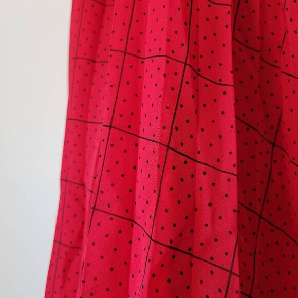 ELLE Red Pleated Midi Skirt Polka Dot Grid Print Size M - Picture 6 of 8
